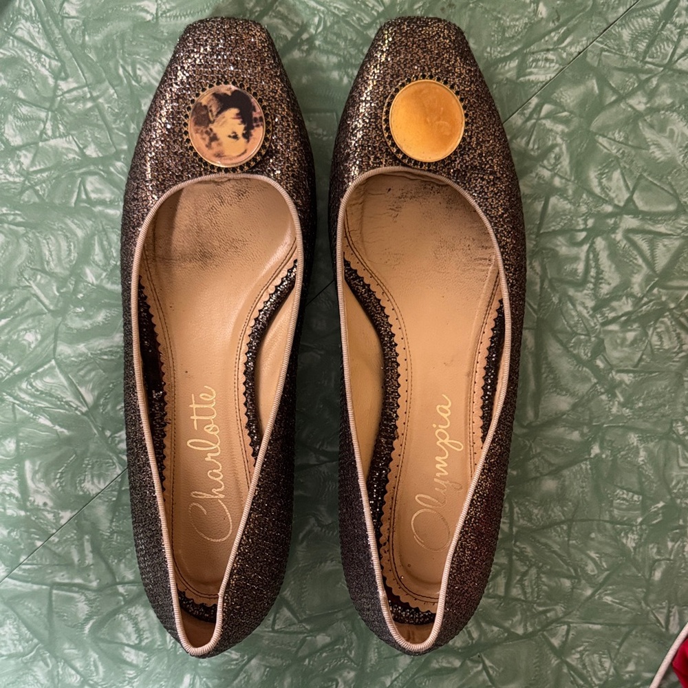 Charlotte Olympia Glittery gold and Black Flats with Gold Accents